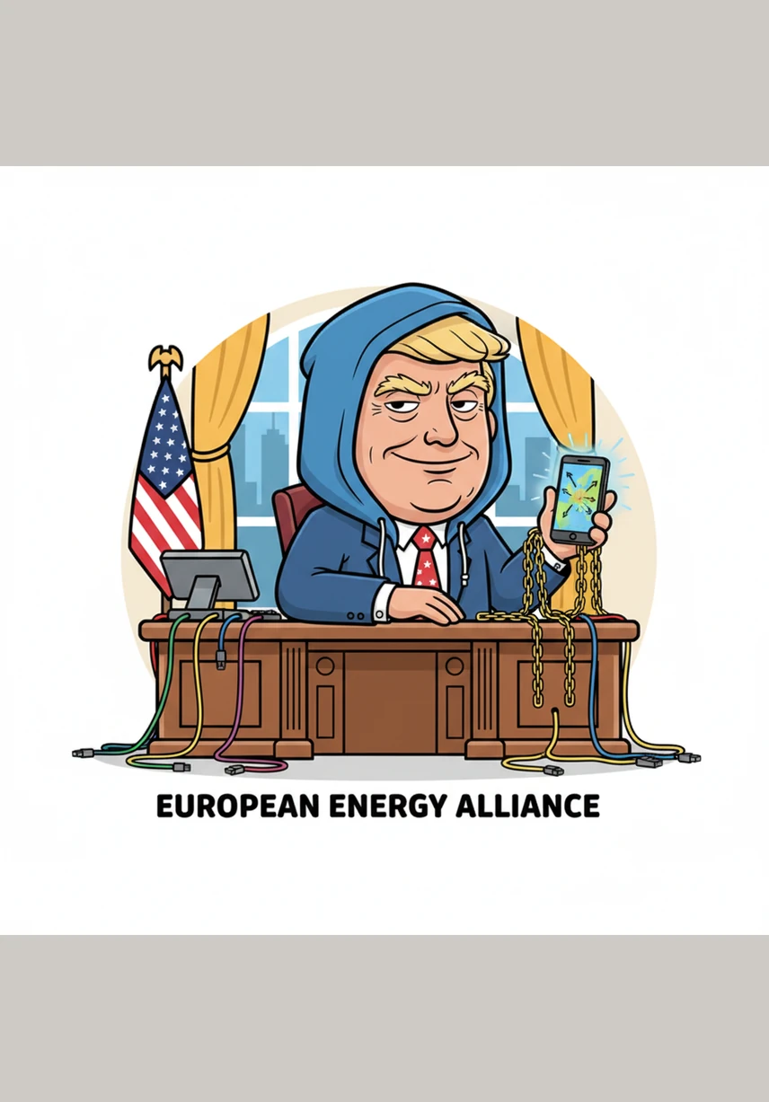 Donald Trump leans forward slightly, a subtle, knowing smirk playing on his lips as he tugs a cluster of strings with practiced ease. The golden lines pulse brightly as they transmit his silent commands to the obedient masses below.