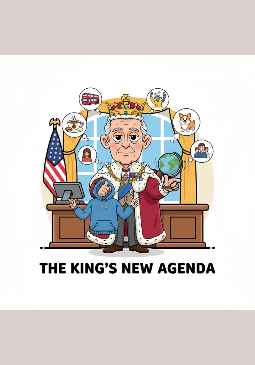 King Charles III maintains a stoic and regal composure, his fingers moving with delicate precision to maintain the tension of the web. His movements are small but impactful, ensuring the grand design of the tapestry remains perfectly aligned with his will.