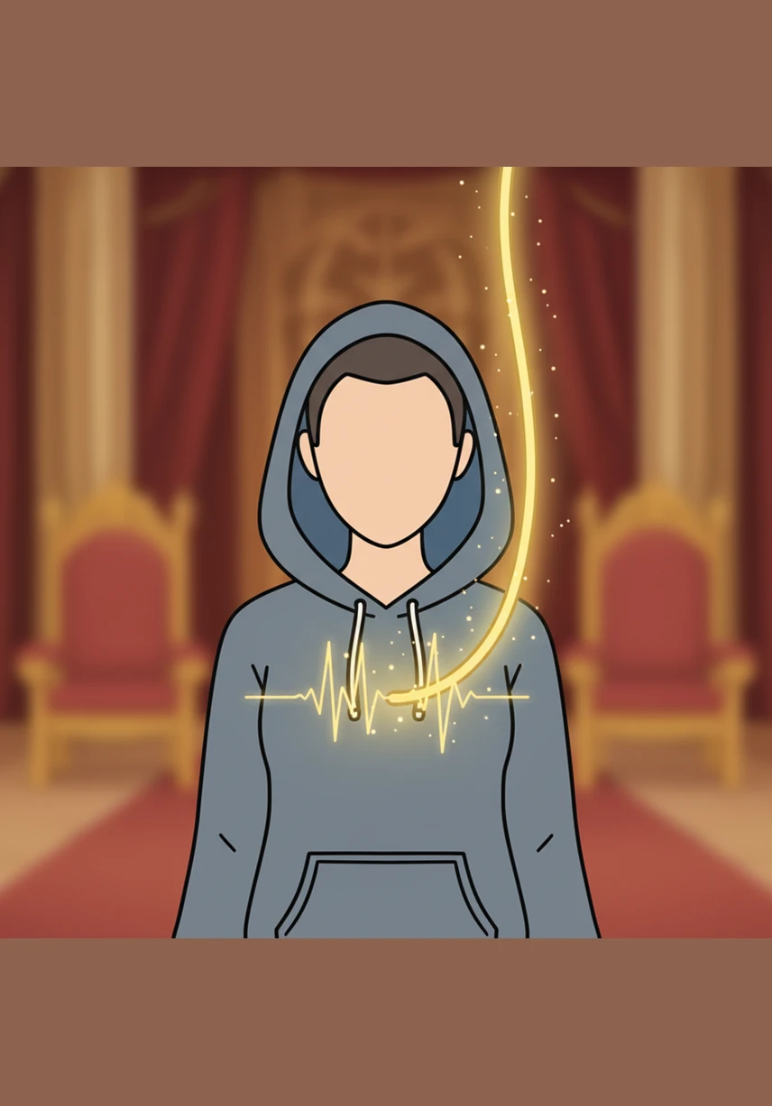 A close-up reveals the point of connection where a golden thread meets a faceless citizen, attached directly to the chest like a glowing tether. The string vibrates with the rhythm of a heartbeat, suggesting a control that goes deeper than mere physical movement.