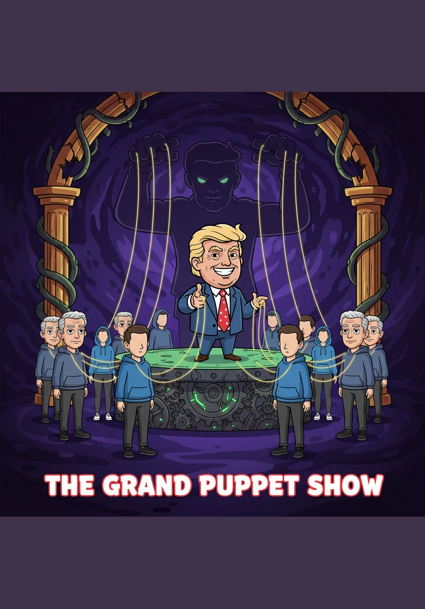 The grand theater of control is revealed to be an infinite expanse of deep shadows, where the only reality is the spotlight and the glowing lines. There are no walls or floors, only the vertical descent of the currency-colored strings and the people they bind.