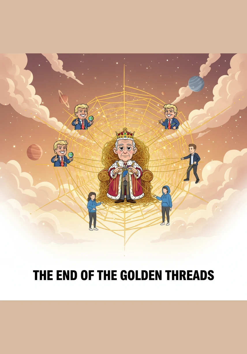 The camera pulls back to a wide, cinematic view, showing the infinite reach of the golden web as it stretches into the horizon. The two figures become small silhouettes against the light, yet the glowing strings remain the most vibrant and dominant force in the entire world.