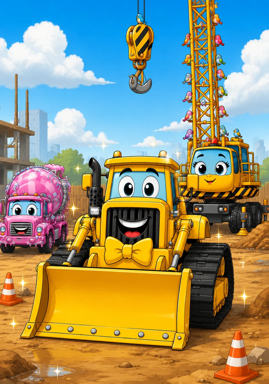 Barnaby the bulldozer arrives at the construction site wearing a bright yellow bowtie. He wants everything to look fancy and polished before the big day of work begins.