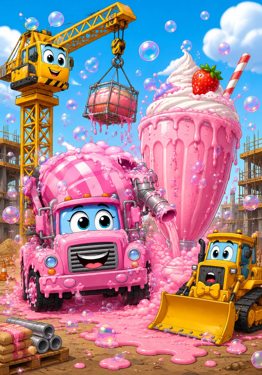 Mixie the Cement Mixer accidentally gets a shipment of strawberry syrup instead of water. She starts churning out the world’s largest pink milkshake, blowing sweet-smelling bubbles all over the site.