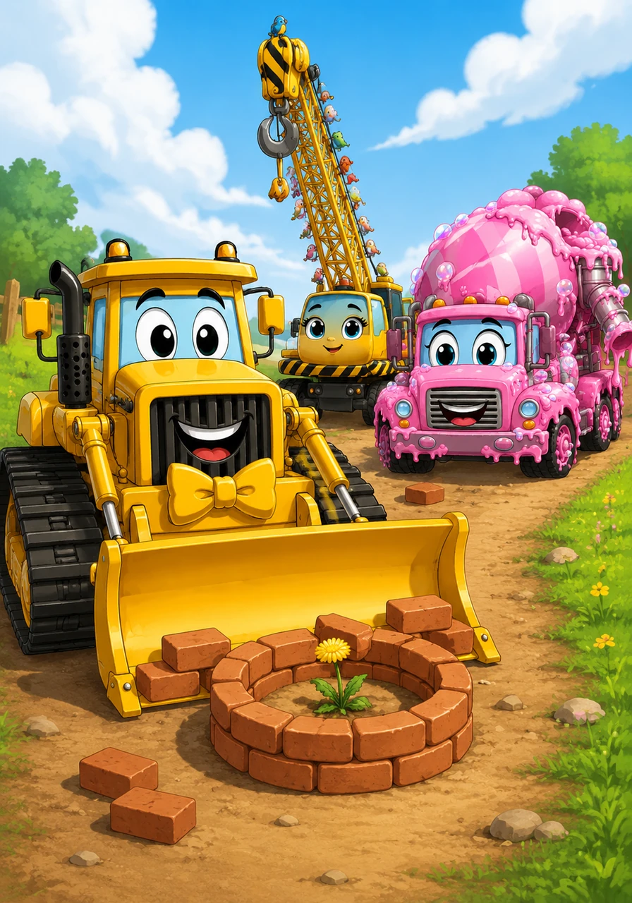 Barnaby finds a tiny, lonely dandelion growing in the middle of a dirt path. Instead of pushing it over, he uses his big blade to gently build a protective little brick wall around the flower.