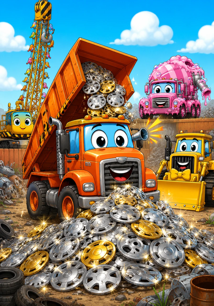 Rusty the Dump Truck discovers a pile of shiny discarded hubcaps and thinks he has found pirate treasure. He proudly dumps the 'gold' into a sparkling heap and guards it with a happy honk.