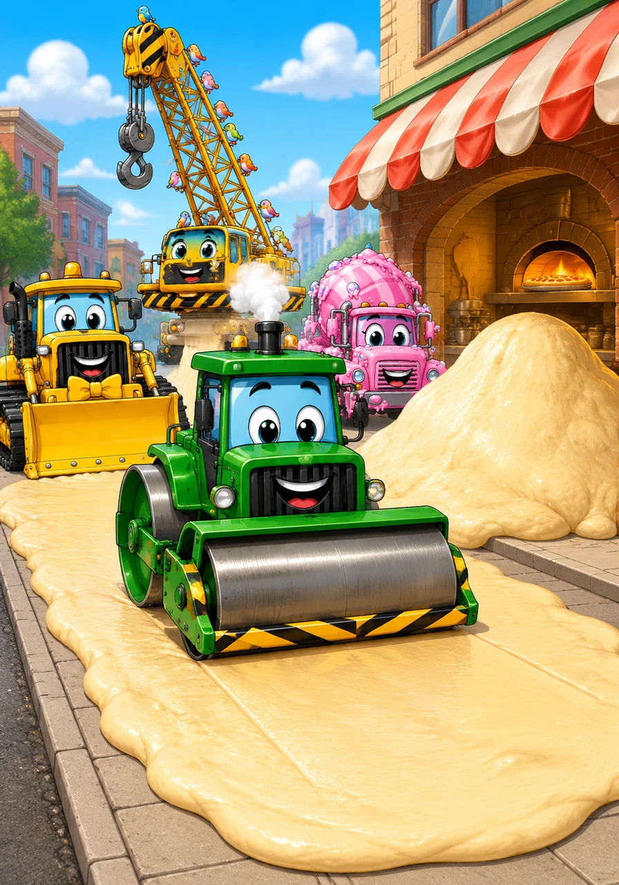 Percy the Steamroller sees a giant mound of pizza dough at the bakery right next to the site. He decides to help out, rolling the dough until it is flat enough to cover the entire sidewalk.