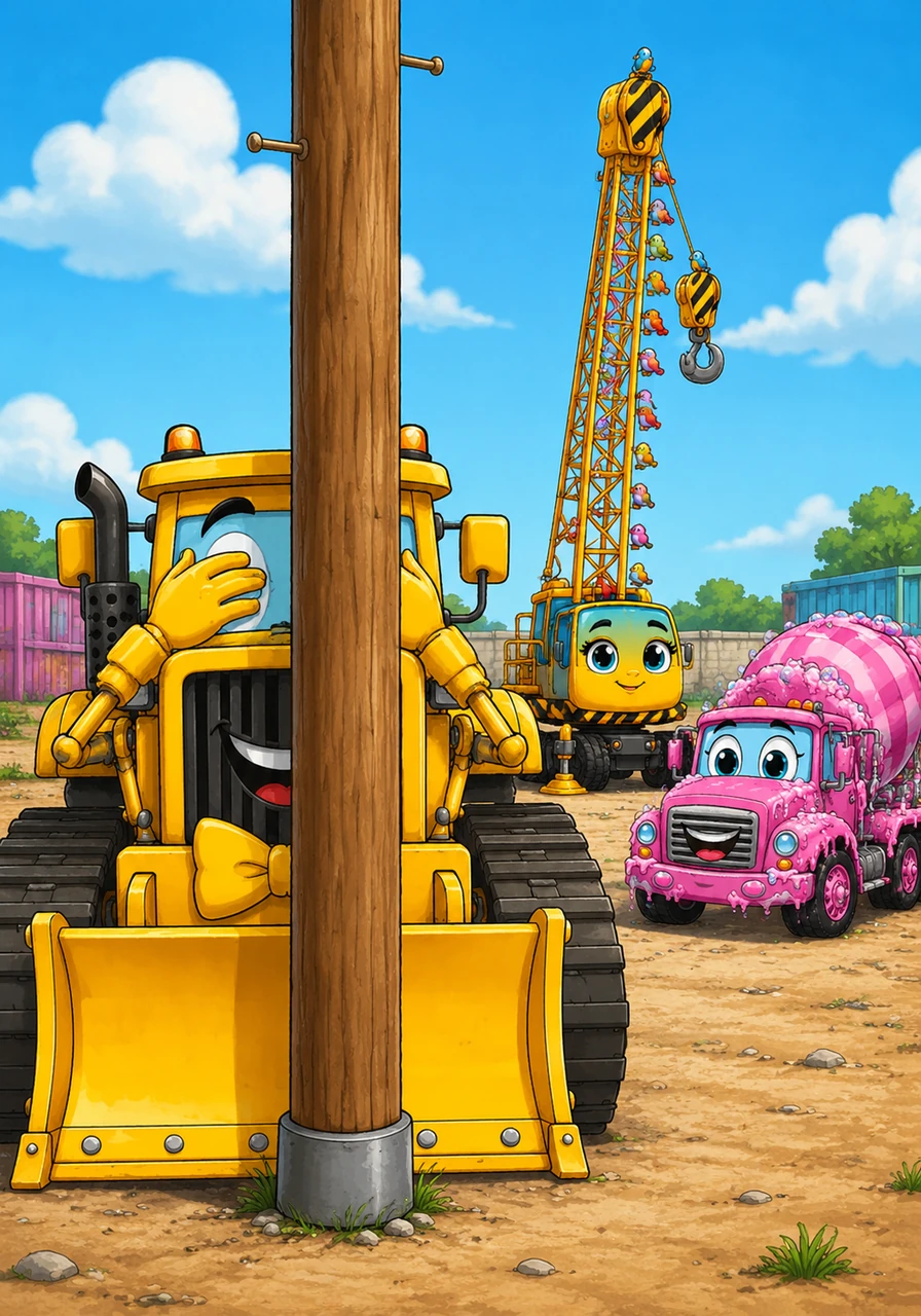 During the afternoon break, the machines decide to play a game of hide-and-seek. Barnaby 'hides' behind a single skinny telephone pole, covering his eyes and hoping no one can see his giant yellow body.
