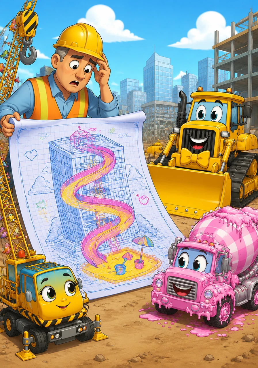 The site manager unrolls a serious blueprint for a new office building, but the machines have added their own drawings. Now the plan includes a giant curly slide that goes from the roof all the way to a sandbox.