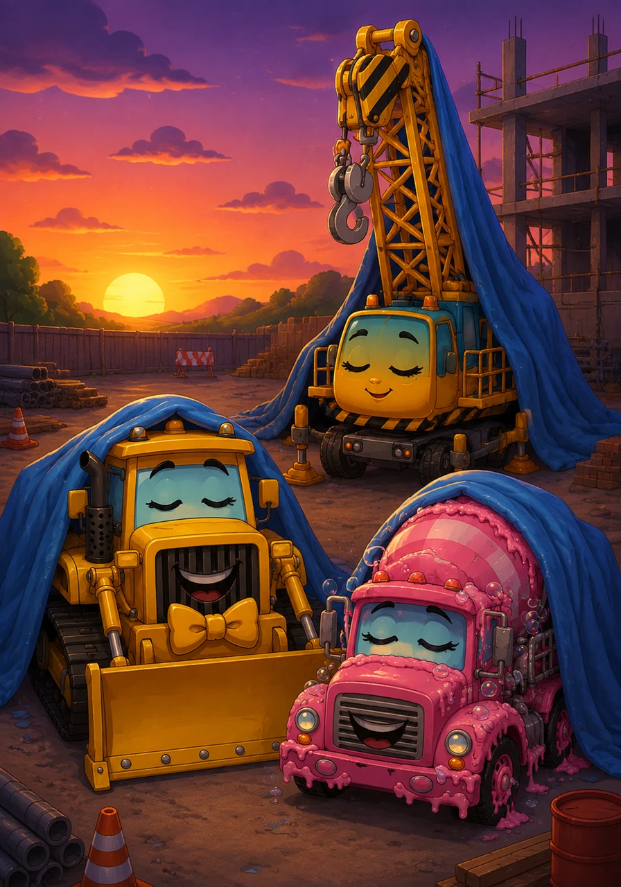 As the sun sets over the site, the machines are tired but happy after their day of silly surprises. They tuck themselves in under giant blue tarps, dreaming of the funny adventures they will have tomorrow.