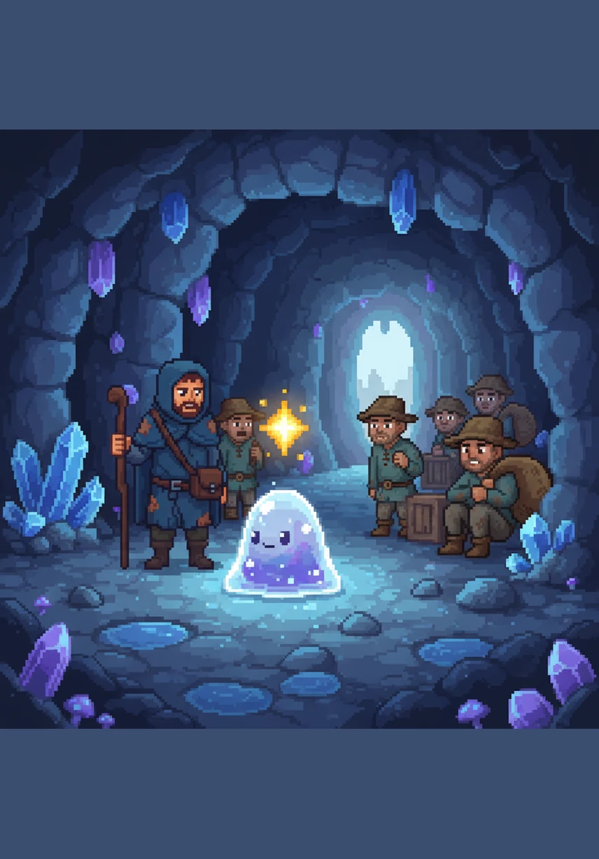 In the heart of a sapphire-lit cavern, a tiny, translucent slime named Lylu quivers with a spark of divine potential. She is small and humble, yet her surface reflects the stars hidden deep within the earth.