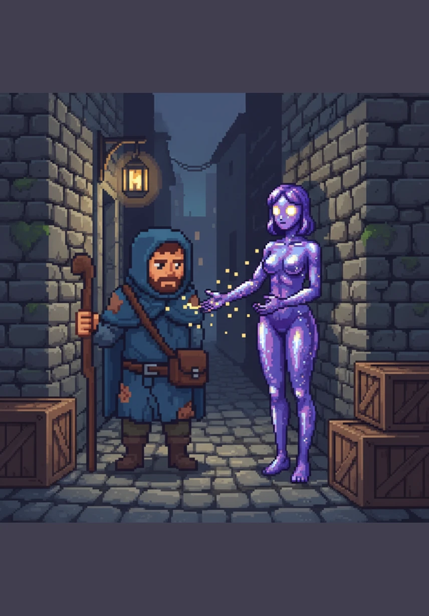 Lylu encounters a weary traveler lost in the tunnels and gently envelops him in a warm, comforting embrace. As they merge, she gains his memories of the sun and the wind, growing slightly larger and more vibrant.