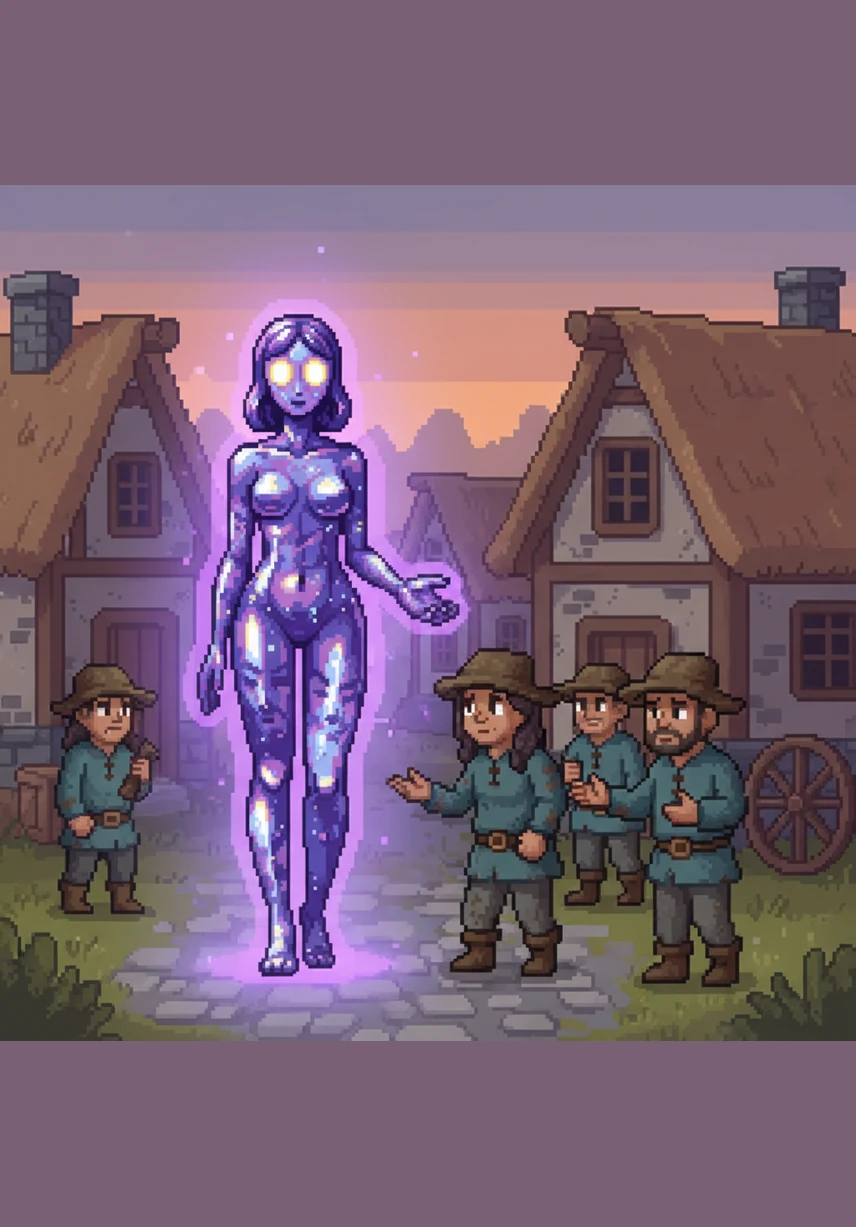 Entering a village plagued by sorrow, Lylu reaches out to the townspeople, offering them a chance to become part of something greater. One by one, they step into her glowing essence, finding peace as she grows into a towering, majestic figure.