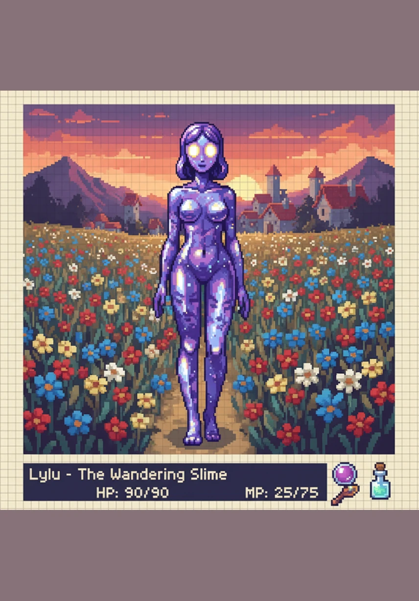 The slime girl walks through a field of wildflowers, her body a translucent mosaic of the many lives she now holds within. She is no longer just a creature, but a living tapestry of human dreams and experiences.
