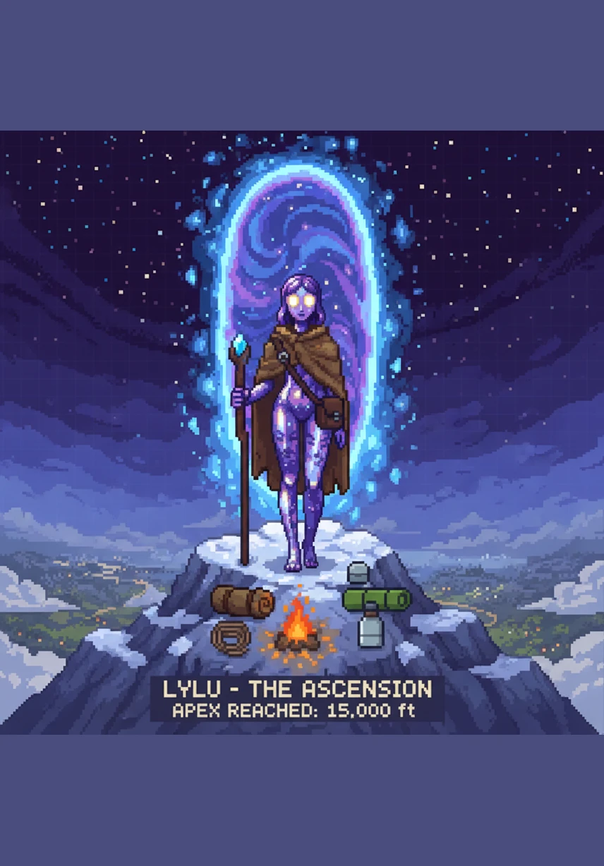 As she climbs the highest peak of the world, Lylu’s form expands until she brushes against the clouds. Her presence radiates a gentle warmth that heals the land, her eyes glowing like twin moons.