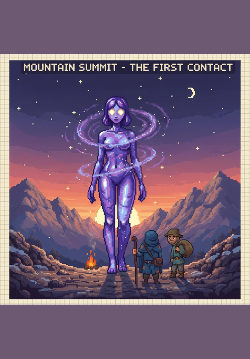 At the summit, Lylu stands as a colossus of shimmering liquid light, her body containing the essence of thousands. She is a beautiful, multifaceted being who understands every joy and pain of the world below.