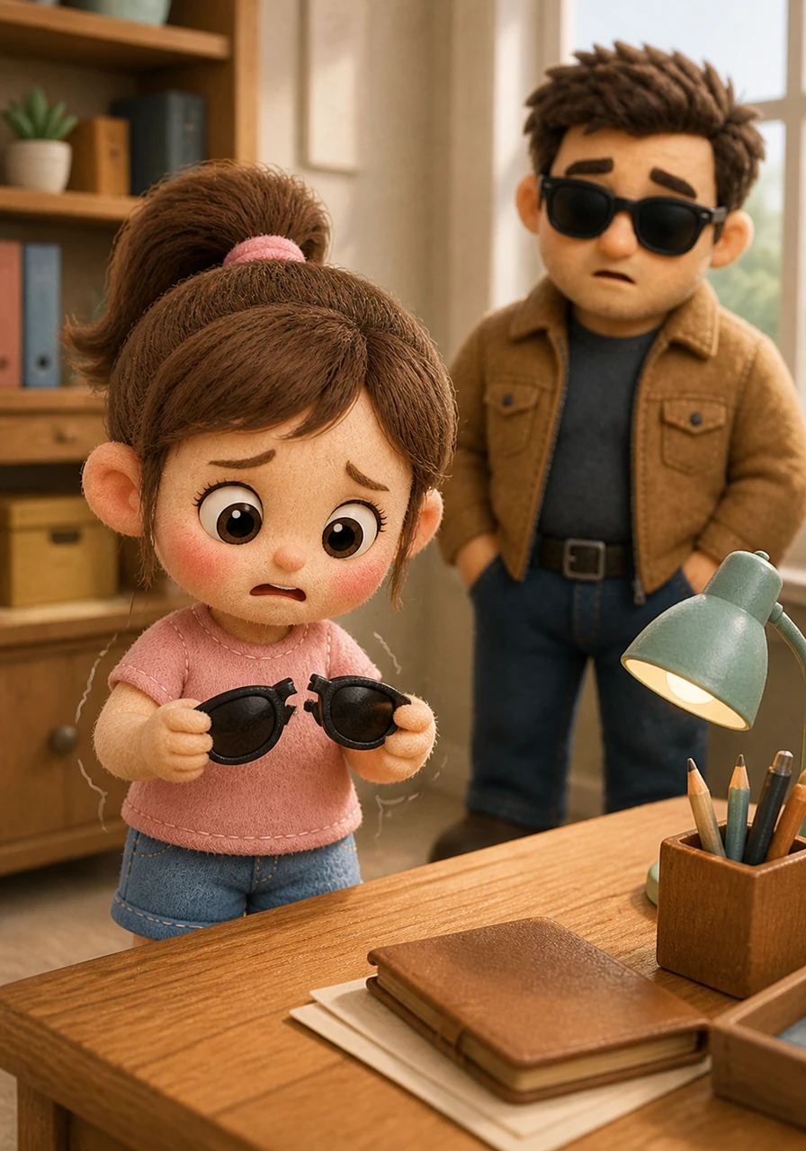 Rara stands nervously by the wooden desk, her small hands trembling as she holds a pair of broken black sunglasses. The soft pastel light of the workspace highlights her worried expression and the snapped frame of her father's favorite accessory.