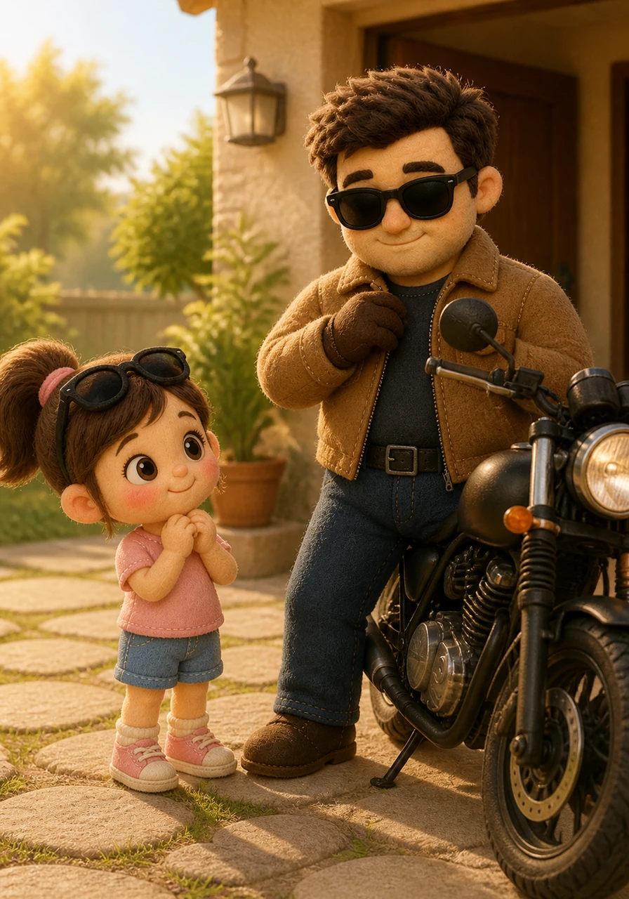 Earlier that morning, Rara watched with admiration as her father prepared for work, looking heroic with his sunglasses near his motorcycle. The bright morning sun filled the yard with warmth, and Rara smiled innocently at her father's reflection.