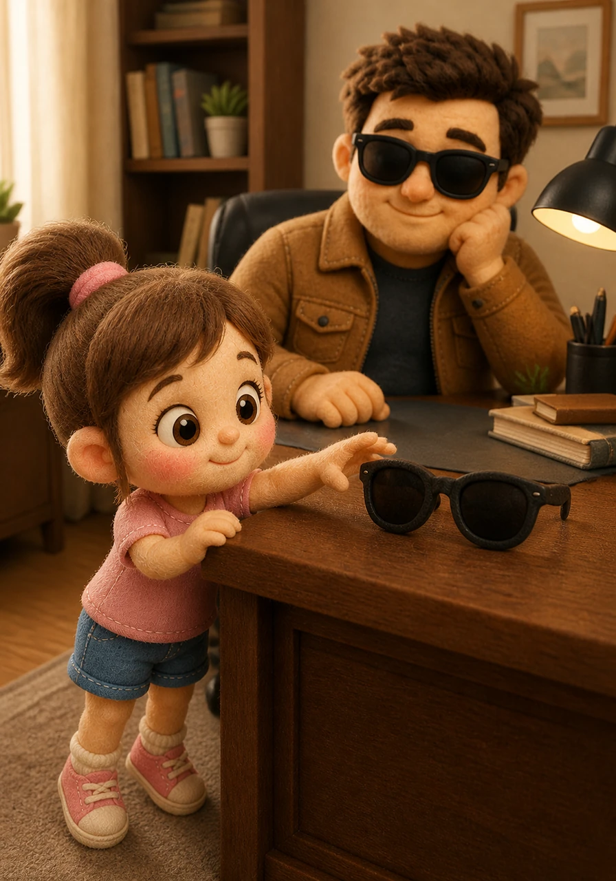 Curiosity led Rara into her father’s quiet workspace, where the black sunglasses rested temptingly on the desk. She reached out with a tiny hand, wanting to feel just as cool and grown-up as her father looked every day.