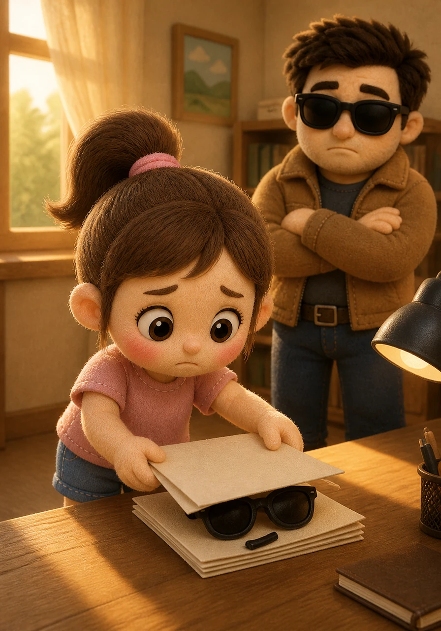 Her heart racing, Rara carefully placed the broken sunglasses back on the desk, trying to hide the damage under a stack of papers. The afternoon light shifted through the window, casting long shadows that matched the growing feeling of guilt in her chest.