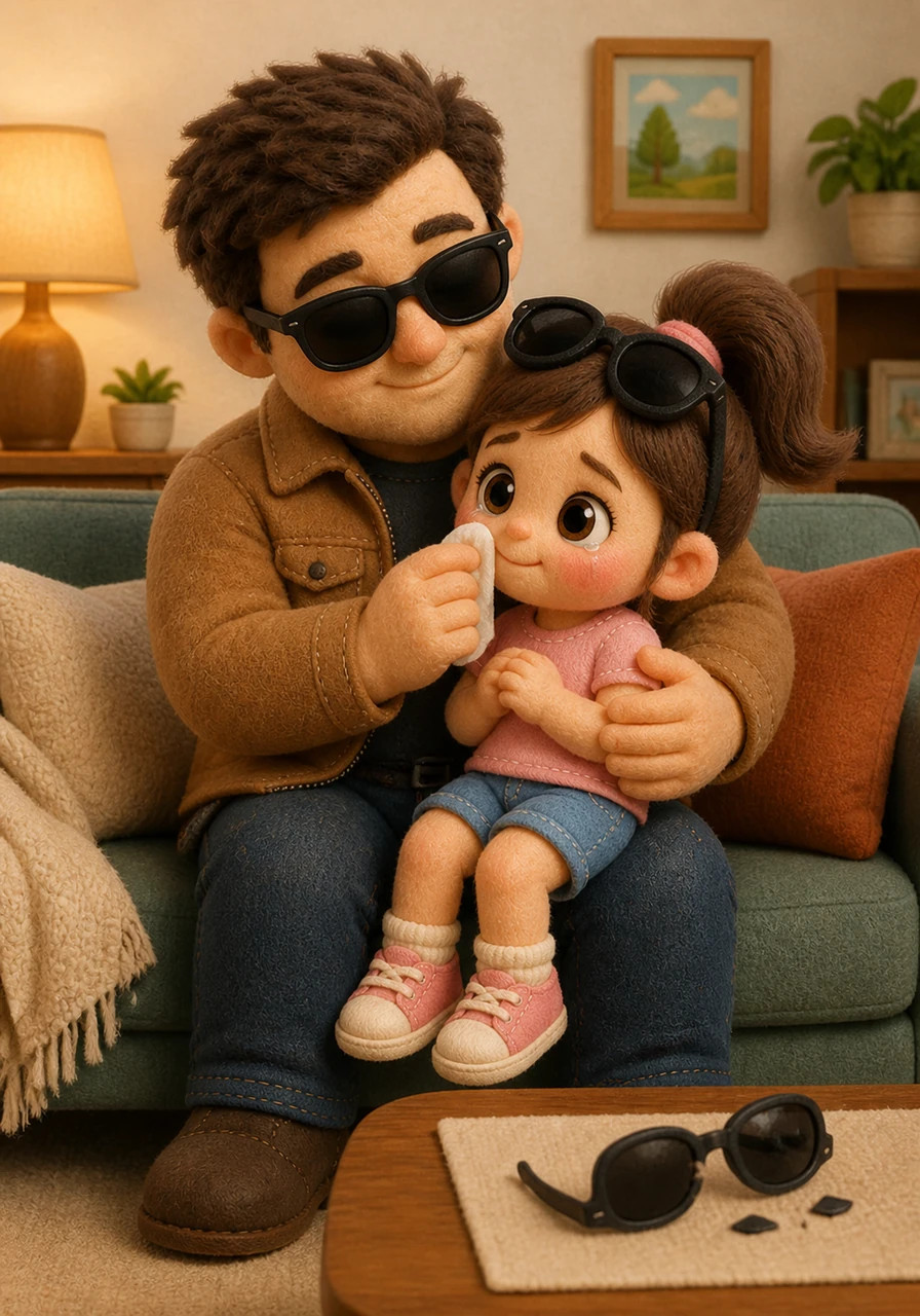 Her father sat down and pulled Rara into a warm, gentle hug on his lap, wiping away her tears with a soft smile. He explained that while the glasses were broken, her honesty was a treasure that could never be replaced.