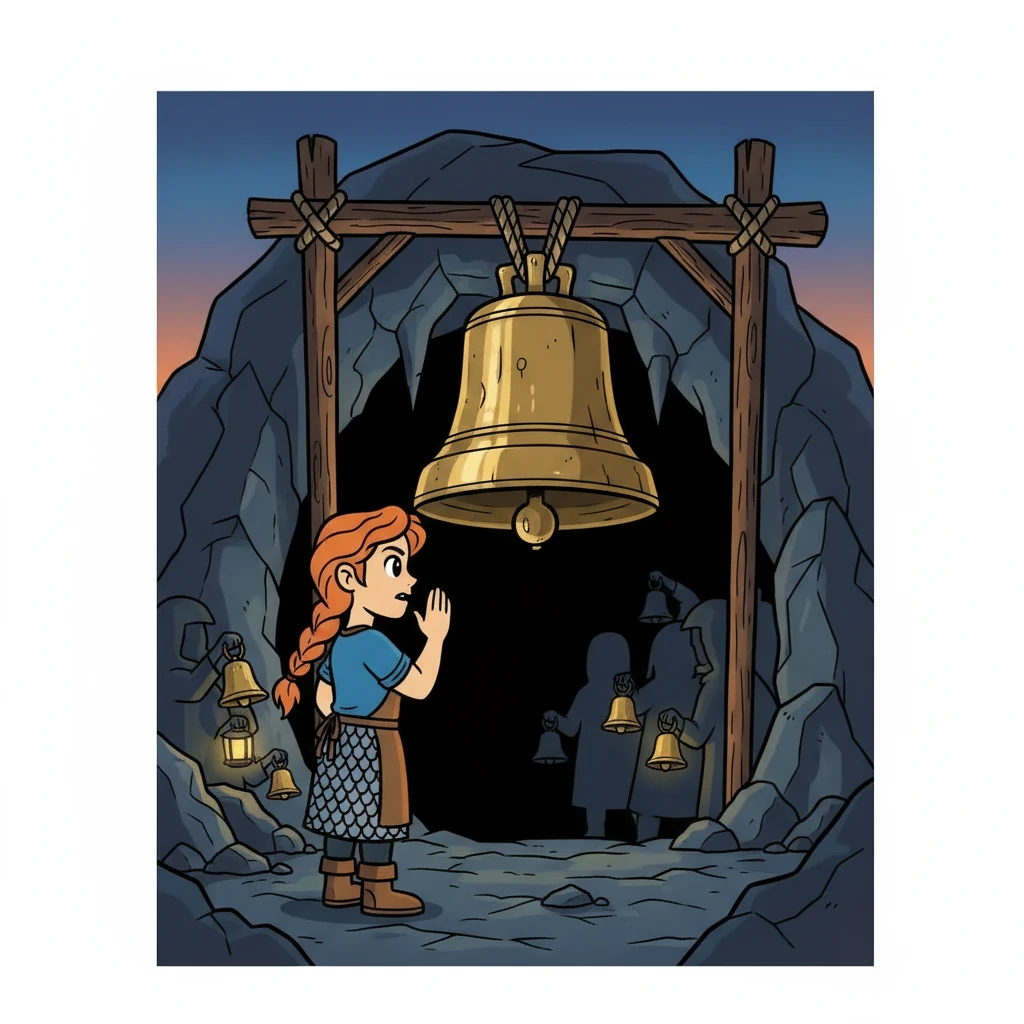 Ao chegarem perto da caverna, Elara deu as últimas instruções. Ela pendurou o maior sino, voltado para a entrada da caverna.  "Quando eu tocar este sino," ela sussurrou, "vocês toquem os seus. Façam o maior barulho que puderem."