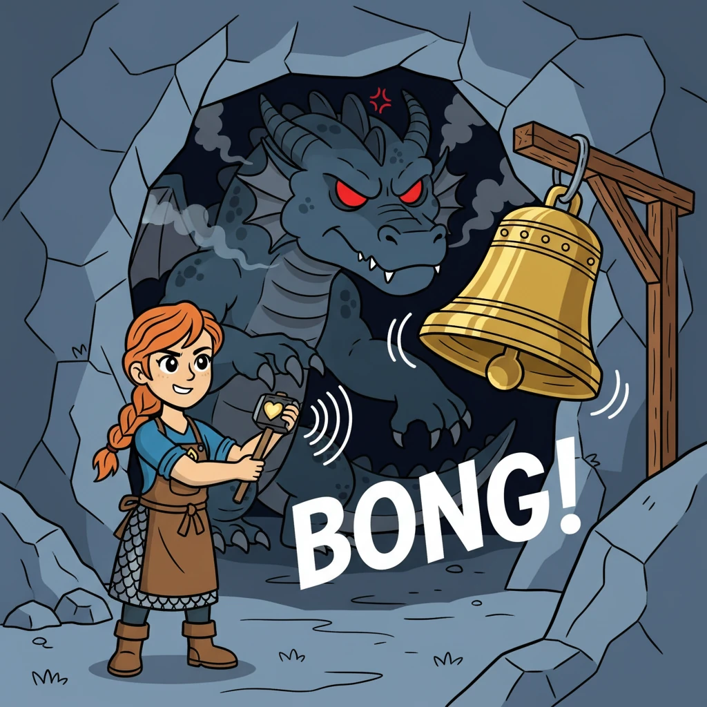 Elara, segurando um pedaço de aço, bateu no sino. BONG! O som ecoou na montanha. Um rugido furioso respondeu das profundezas da caverna, e o Dragão Cinzento emergiu, seus olhos fendas de raiva.