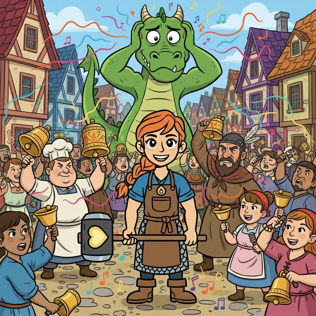 Os aldeões, o chefe, o padeiro, a lavadeira, começaram a tocar seus sinos. A cacofonia foi ensurdecedora. Cada sino emitia uma nota diferente, criando uma parede de som caótica que o dragão não conseguia suportar.