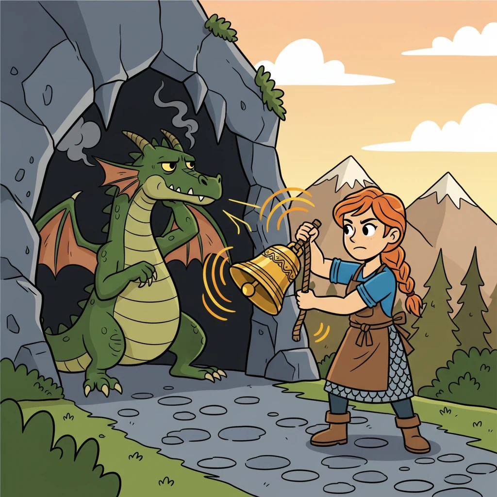 Vendo o dragão cambalear, Elara, a ferreira, fez o que parecia impossível. Ela caminhou em direção à entrada da caverna, balançando o sino principal com todas as suas forças. O Dragão, sentindo a dor do som, se virou.