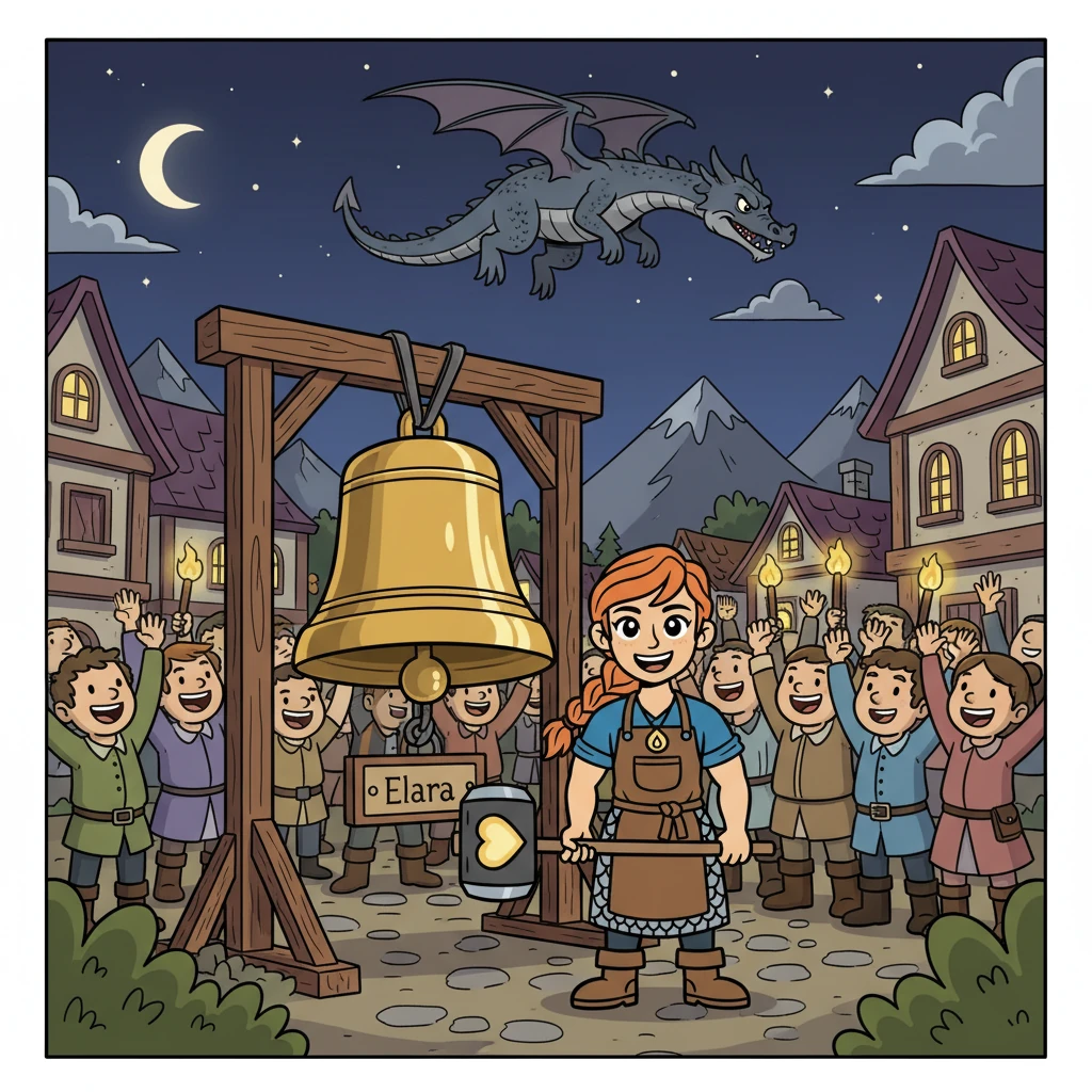 Com um rugido final de frustração, o Dragão Cinzento voou para a noite. Os aldeões celebraram, pois haviam derrotado a criatura com a única arma que importava: a coragem coletiva. No centro da vila, o sino de Elara se tornou um monumento à bravura.