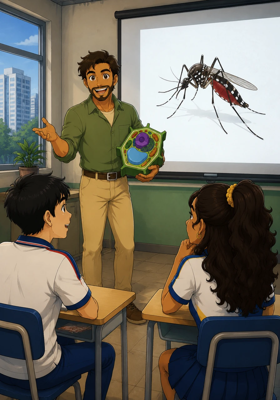Na movimentada Escola Hilda Miranda Nascimento, na cidade de Serra, o Professor Marcos inicia uma aula especial de biologia utilizando o projetor. André e Karla, estudantes de 16 anos, prestam muita atenção enquanto um mosquito Aedes aegypti estilizado em traços de anime surge na tela.