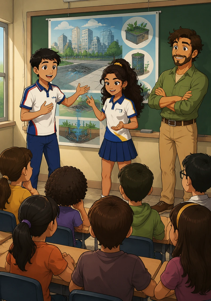 Os dois estudantes apresentam o projeto finalizado para toda a turma, destacando a importância de eliminar os focos de água parada na cidade de Serra. A ilustração mostra o protagonismo dos jovens, que utilizam a ciência como ferramenta para proteger sua comunidade.