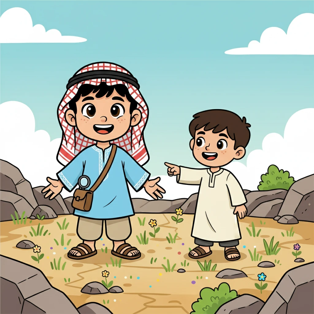 بعد مرور بعض الوقت، بدأت الأعشاب الصغيرة تنمو بين الصخور. أصبحت المنطقة أكثر خضرة، وبدأت الحياة تتجلى في هذا المكان القاحل. ابتسم ريان ومؤيد وهما يشاهدان هذا التحول.