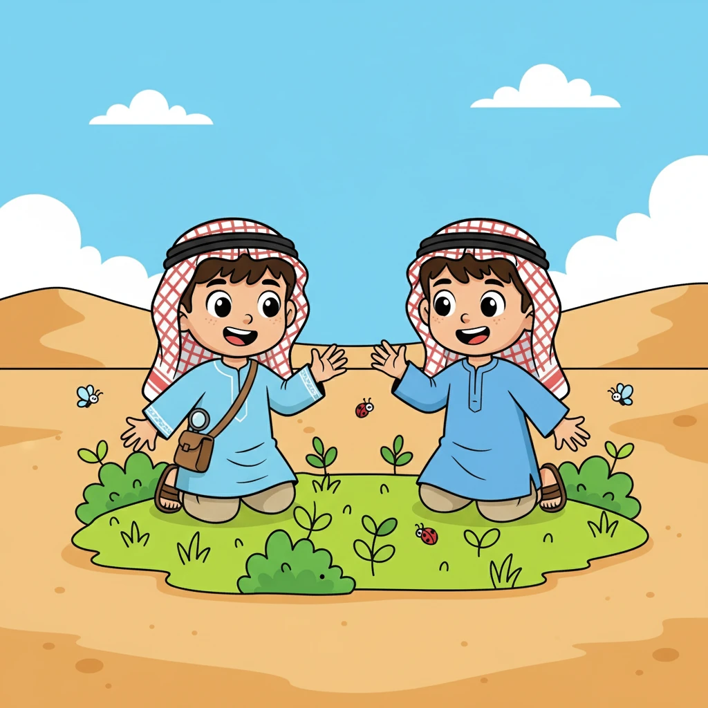 ثم ظهرت شجيرات صغيرة، وبدأت تتشابك مع الأعشاب. تحولت المنطقة إلى بقعة خضراء صغيرة، وبدأت بعض الحشرات الصغيرة تظهر. كان ريان ومؤيد متحمسين لرؤية المزيد من التغييرات.