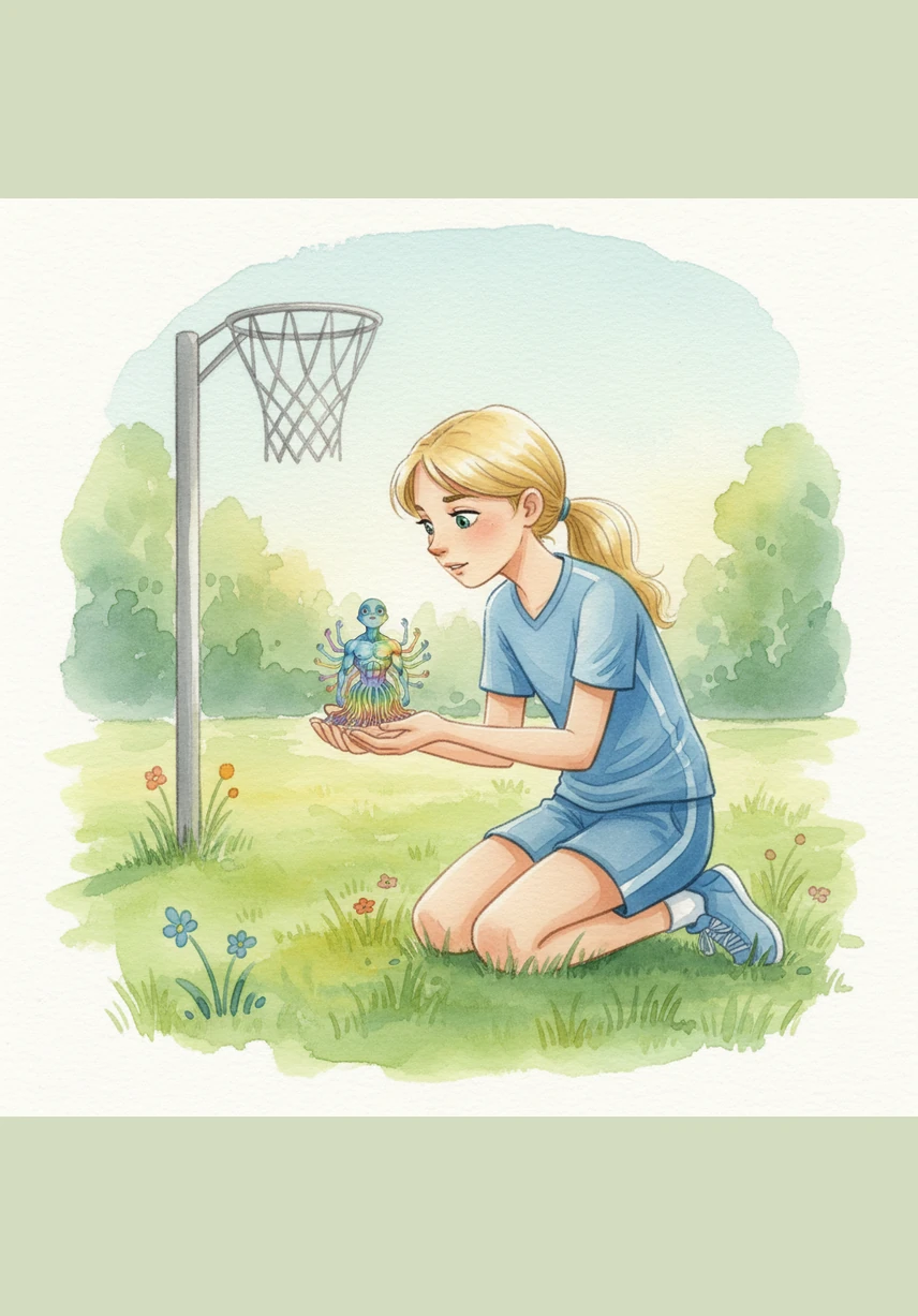 Bella was practicing her netball shots when she heard a tiny, squeaky voice from the grass saying, 'Hey, I'm down here, not up there!' She knelt down to discover a miniature, colorful creature with hundreds of legs and a surprising six-pack, who introduced himself as Blue.