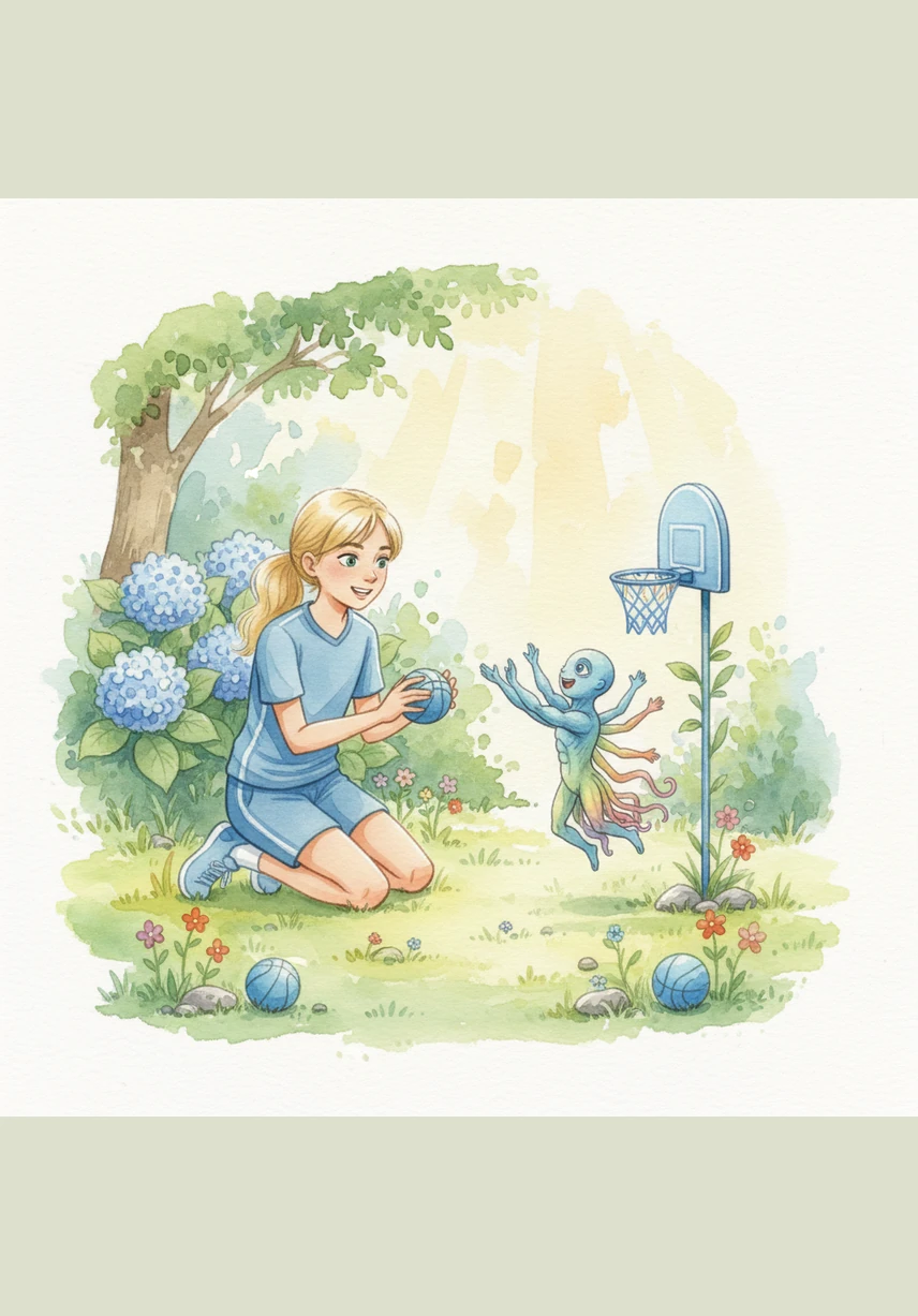 Bella and Blue became the best of friends, sharing their love for the color blue and playing miniature versions of basketball in the garden. Though Blue was only a few inches tall, his vibrant colors and many arms made him the most magical teammate Bella had ever seen.