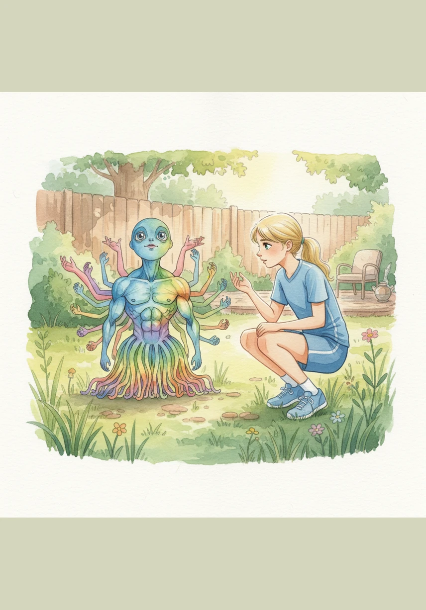 The two friends ventured into the backyard to learn the secrets of the wild, setting up a tiny campsite among the tall clover. Under the shade of giant leaves, Bella taught Blue how to pitch a tent while Blue shared stories of the family he had lost long ago.