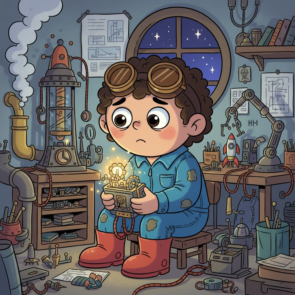 Sparky, a cheerful inventor with a big, round head and goggles perched on his forehead, sits alone in his wonderfully cluttered workshop. Around him are fantastic contraptions that hum and whir softly, but no one ever comes to see them. He looks a little sad, holding a glowing, intricate gadget, wishing someone would notice his brilliance.