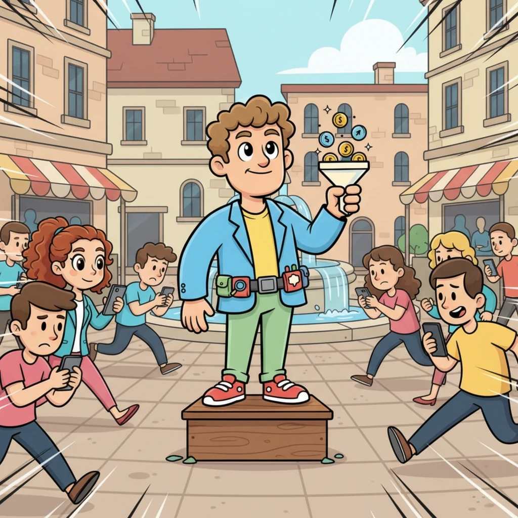 Sparky tries to show off his latest invention by standing on a tiny soapbox in the bustling town square, holding up his gadget with a hopeful smile. Passersby rush past, too busy to notice his brilliant creation, leaving Sparky feeling small and unheard. His shoulders slump slightly as the crowd dwindles.