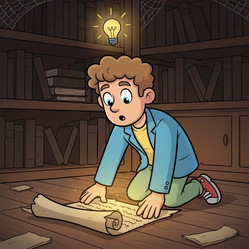 Feeling frustrated, Sparky consults an ancient, dusty scroll titled 'The Art of Shining Brightly,' which he found tucked away in a forgotten corner. He pores over it with wide, curious eyes, a tiny lightbulb appearing above his head as he reads a particularly interesting passage about understanding one's audience. The scroll glows with a soft, magical light.