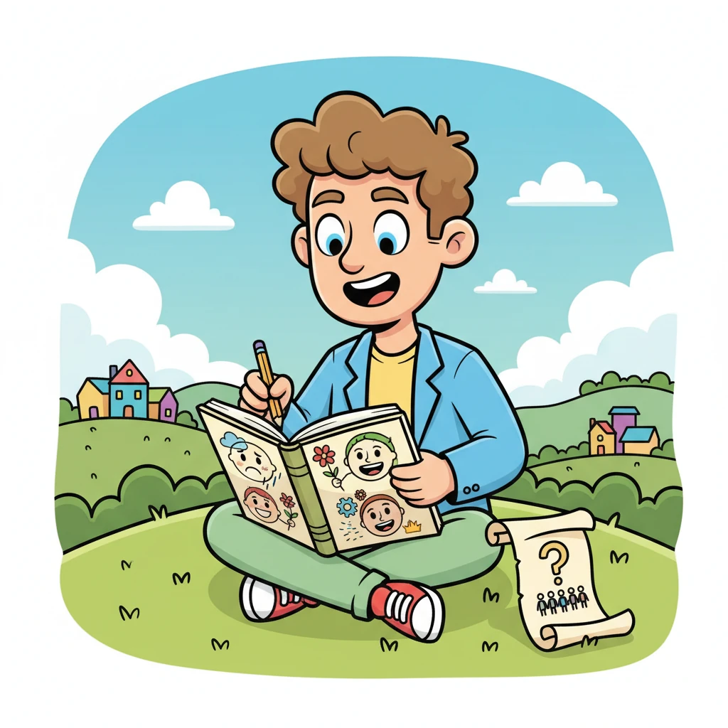 The scroll suggests understanding who truly needs his invention and how it can help them. Sparky sketches different types of people in his notebook, thinking about their unique needs and dreams. He draws exaggerated, friendly faces, each one representing a potential friend for his ideas and a problem his inventions could solve.