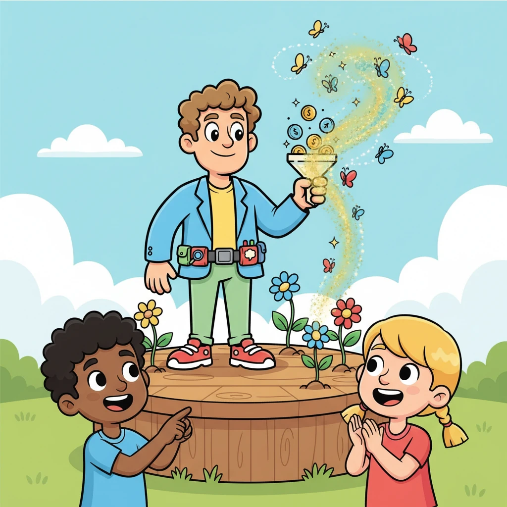 Instead of just showing his gadget, Sparky decides to demonstrate what it *does* in a captivating way. He builds a miniature, whimsical stage and uses his invention to make colorful butterflies fly in intricate patterns, or tiny plants sprout instantly from barren soil. Children in the audience gasp with delight, their eyes wide with wonder.