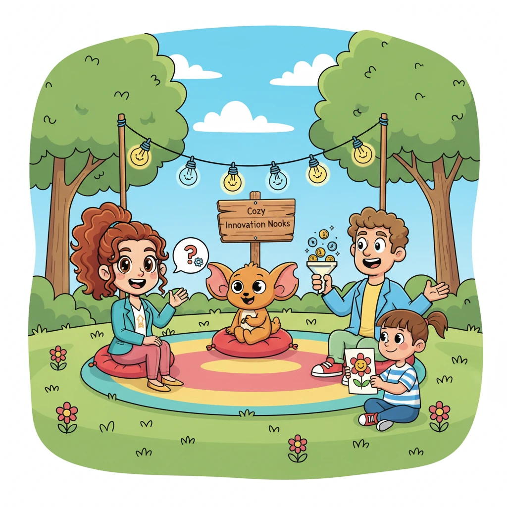 Sparky learns the power of connection by engaging directly with people. He sets up a cozy little 'Innovation Nook' in the park, inviting people to sit and chat about their own challenges and wishes. He listens intently, his big ears perked up, making new friends who share their problems, giving him new insights.