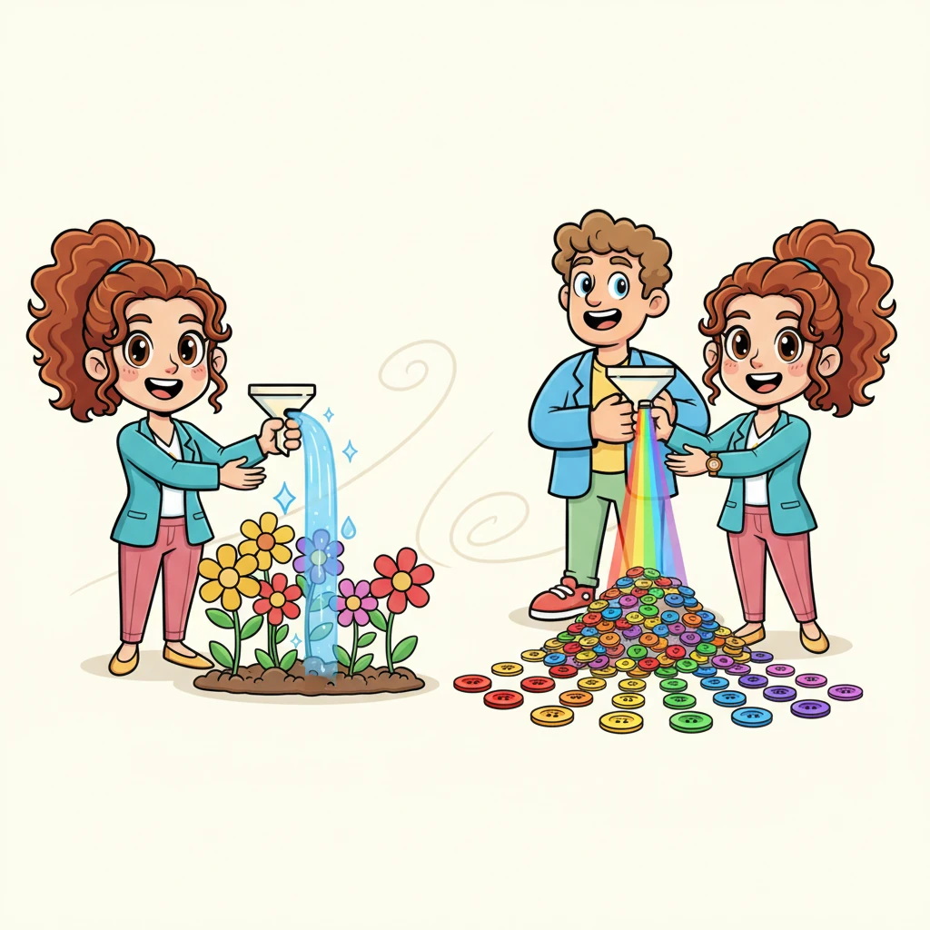 With new insights, Sparky customizes his presentation for each person. He shows one person how his gadget can help them water their garden with a magic sprinkle, and another how it can help them sort their colorful buttons into perfect rainbows. Each demonstration is unique, personal, and solves a specific need, making his invention truly shine.