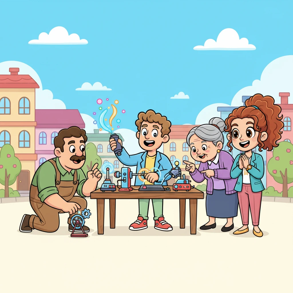 Word begins to spread like wildfire! Excited townsfolk, who truly understand and appreciate Sparky's inventions, gather around his nook, eager to learn more. They are not just curious onlookers; they are engaged and interested, their faces beaming with genuine interest and admiration.