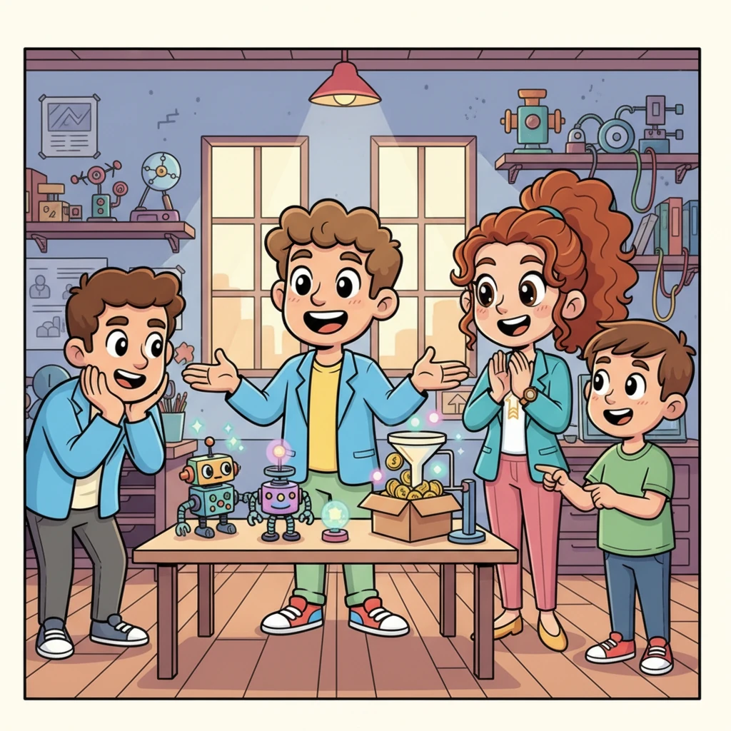 Sparky's workshop is now bustling with happy visitors who are excited to see his latest creations and how they can help. He beams with joy, surrounded by friends who are genuinely interested in his work and can see the value in every whir and glow of his inventions. His dream of sharing his ideas has come true.