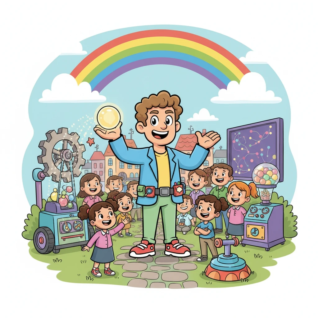 Sparky, now a confident and beloved inventor, stands proudly amidst his successful, vibrant workshop. His inventions are helping many, and he knows how to share his bright ideas with exactly the right people, bringing joy and innovation to the whole town. A magnificent rainbow arch stretches over his workshop, symbolizing his journey's colorful success.