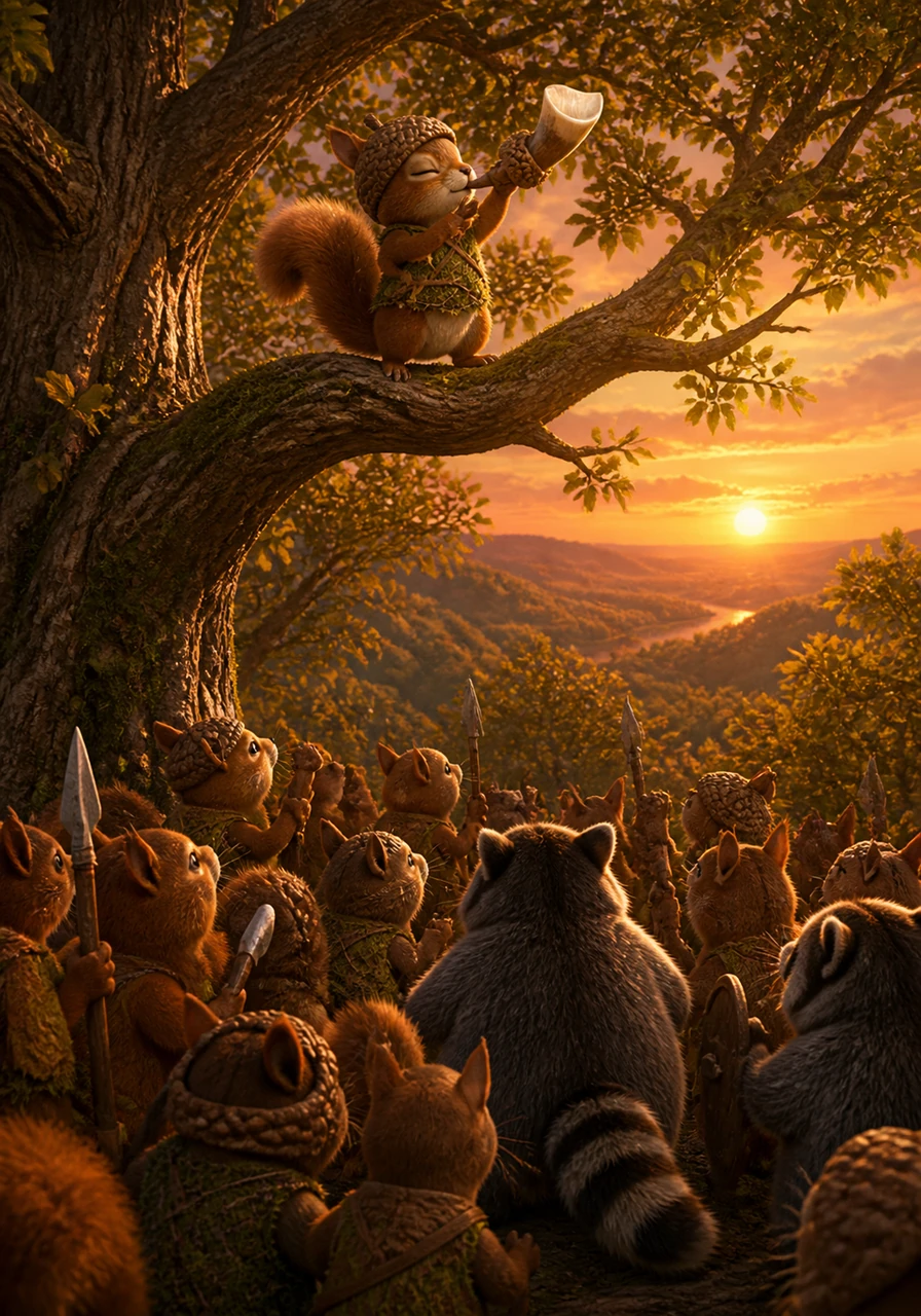 Nutmeg stands atop the highest branch of the Ancient Oak, blowing a silver-tipped acorn horn to summon the squirrel clans. As the golden sun dips below the horizon, the call to arms echoes through the rustling leaves, signaling the start of the great gathering.
