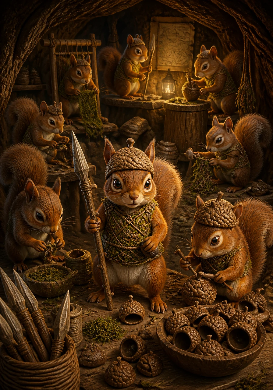 Deep within the hollow of the tree, the militia prepares for the coming conflict by crafting tiny helmets from hardened acorn caps. Every squirrel works with purpose, sharpening twig spears and weaving protective vests from dried moss and spider silk.