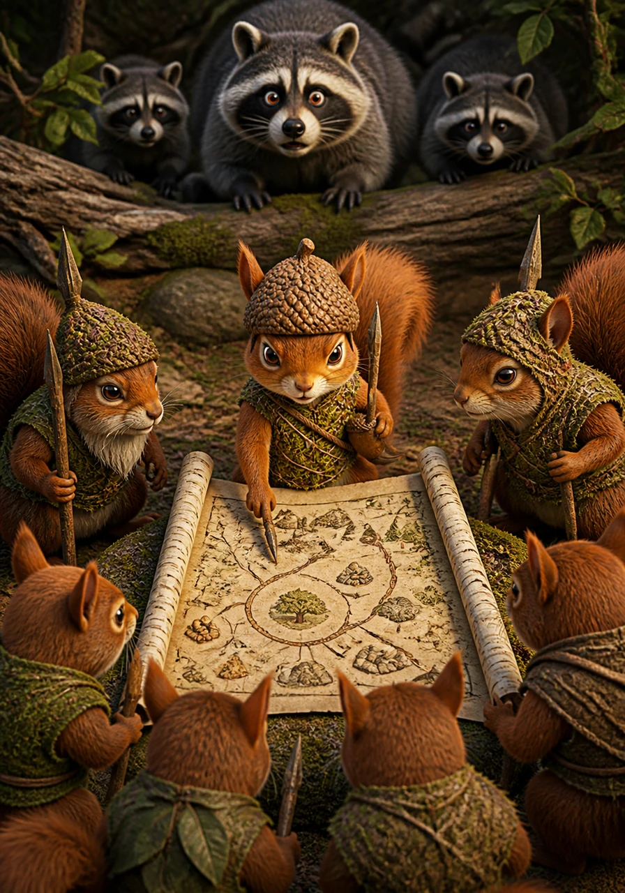 Nutmeg unrolls a delicate map made of birch bark, pointing out the strategic pathways leading to the forbidden garden. The elder squirrels listen intently as he explains how they will defend their winter nut stores from the hungry raccoon scouts.