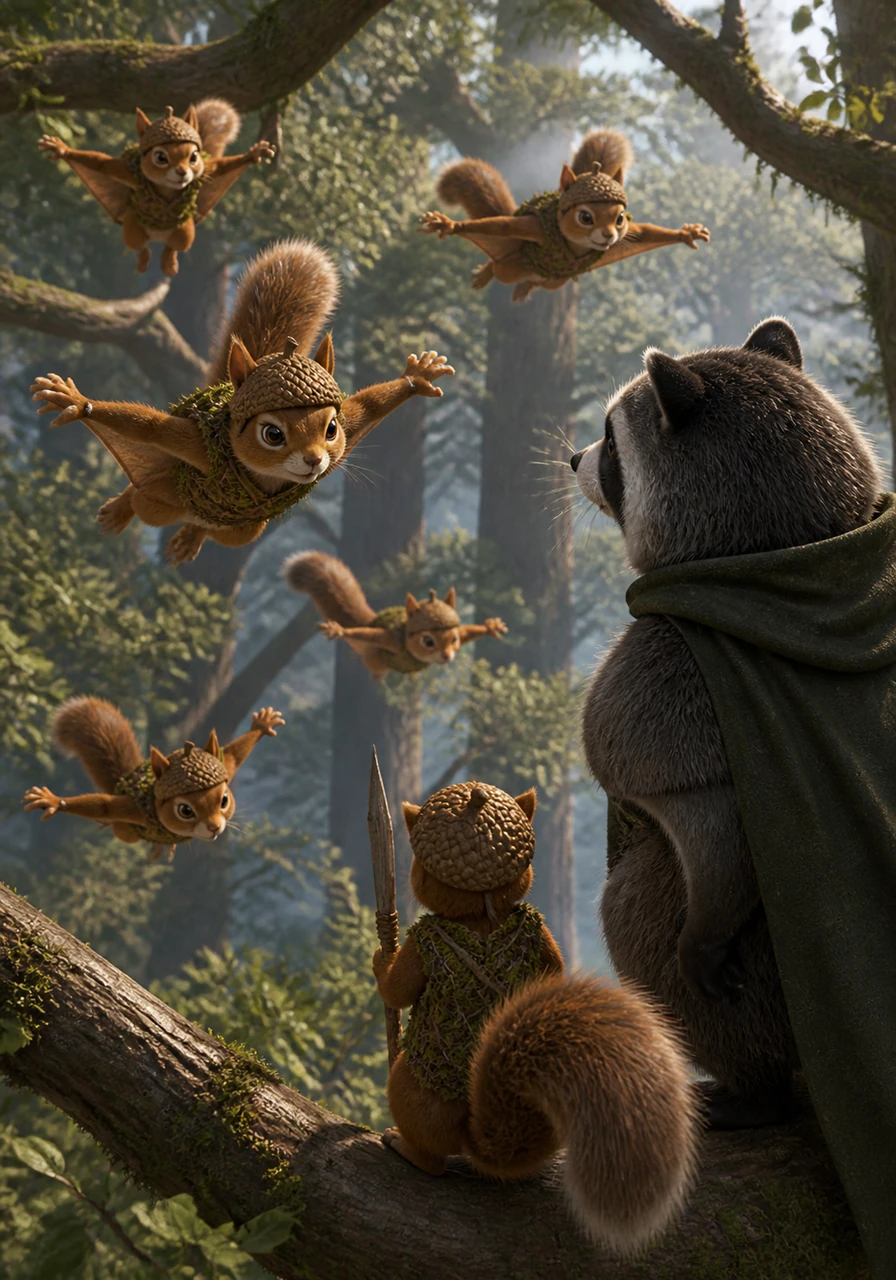 High above the forest floor, the elite gliding unit practices their formation under the watchful eye of their commander. They soar from branch to branch with incredible agility, their tails twitching with anticipation as they master the art of the aerial ambush.